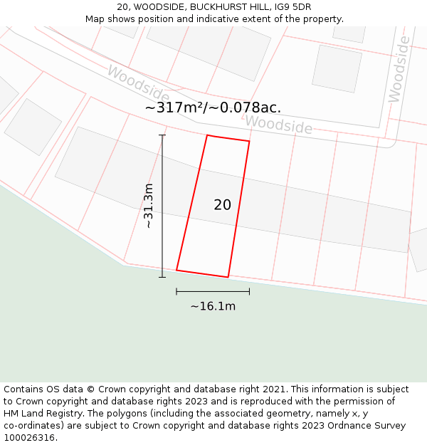 20, WOODSIDE, BUCKHURST HILL, IG9 5DR: Plot and title map