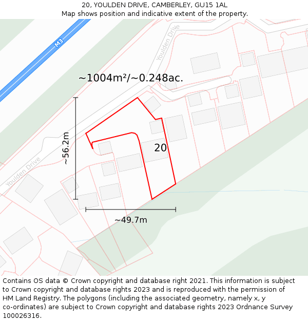 20, YOULDEN DRIVE, CAMBERLEY, GU15 1AL: Plot and title map