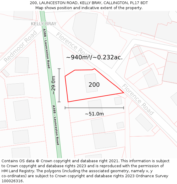 200, LAUNCESTON ROAD, KELLY BRAY, CALLINGTON, PL17 8DT: Plot and title map