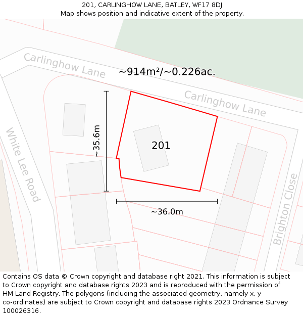 201, CARLINGHOW LANE, BATLEY, WF17 8DJ: Plot and title map