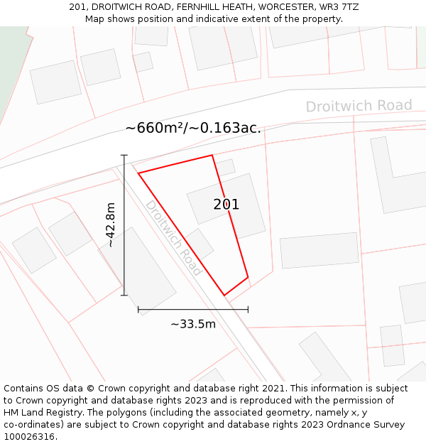 201, DROITWICH ROAD, FERNHILL HEATH, WORCESTER, WR3 7TZ: Plot and title map