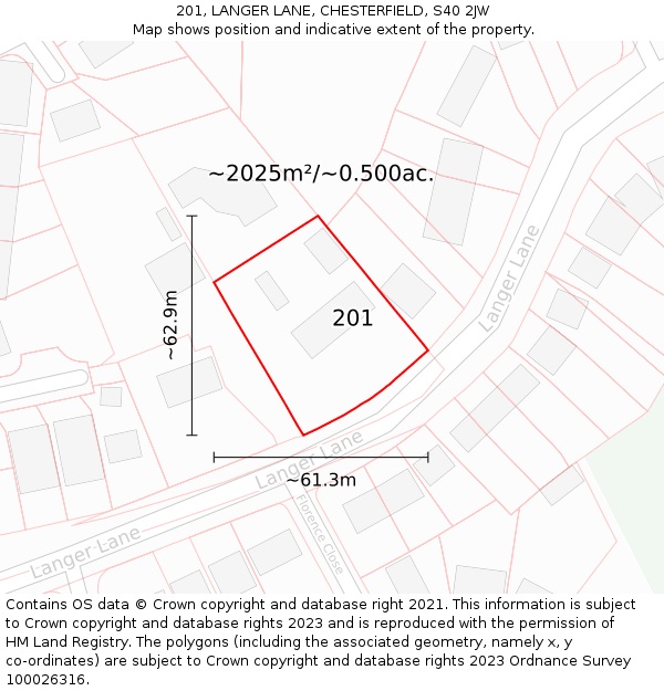 201, LANGER LANE, CHESTERFIELD, S40 2JW: Plot and title map