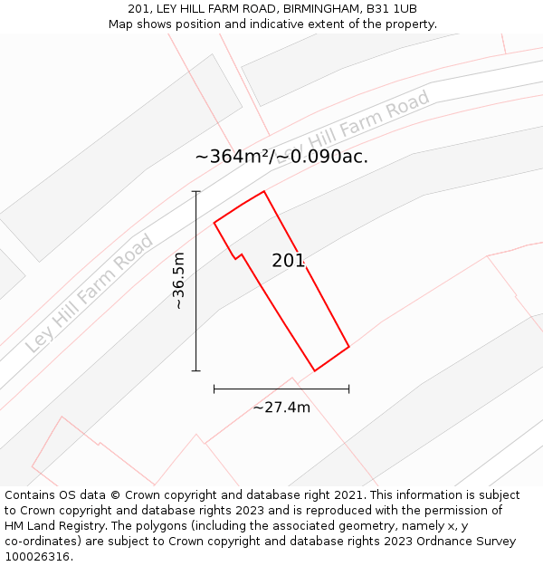 201, LEY HILL FARM ROAD, BIRMINGHAM, B31 1UB: Plot and title map