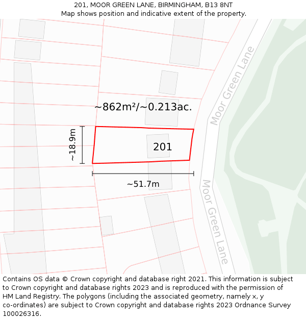 201, MOOR GREEN LANE, BIRMINGHAM, B13 8NT: Plot and title map