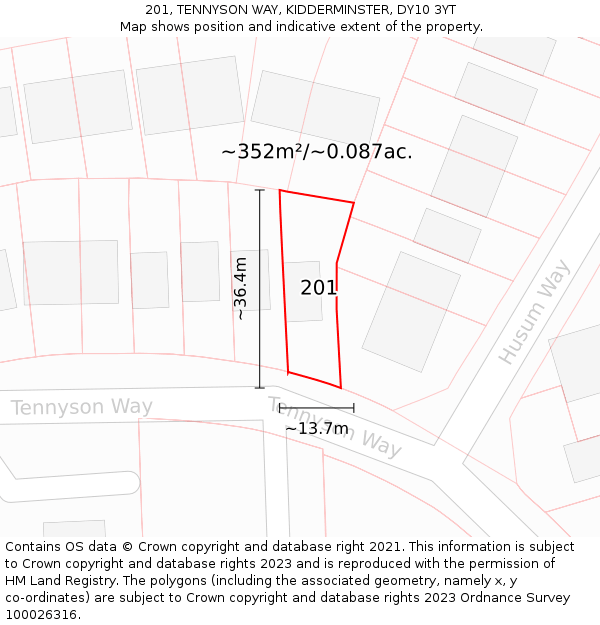 201, TENNYSON WAY, KIDDERMINSTER, DY10 3YT: Plot and title map