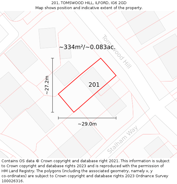 201, TOMSWOOD HILL, ILFORD, IG6 2GD: Plot and title map