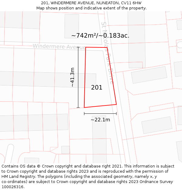 201, WINDERMERE AVENUE, NUNEATON, CV11 6HW: Plot and title map