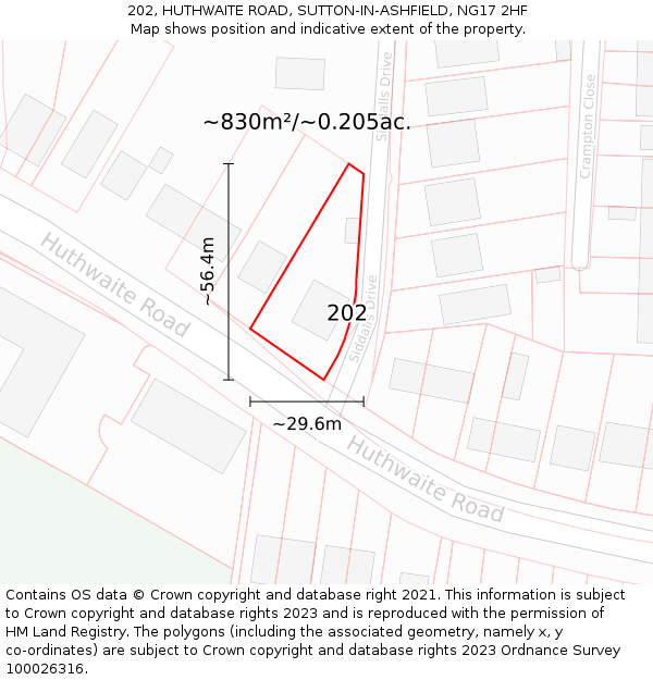 202, HUTHWAITE ROAD, SUTTON-IN-ASHFIELD, NG17 2HF: Plot and title map