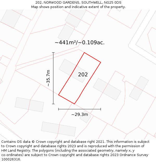 202, NORWOOD GARDENS, SOUTHWELL, NG25 0DS: Plot and title map