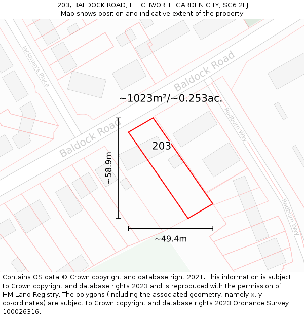 203, BALDOCK ROAD, LETCHWORTH GARDEN CITY, SG6 2EJ: Plot and title map