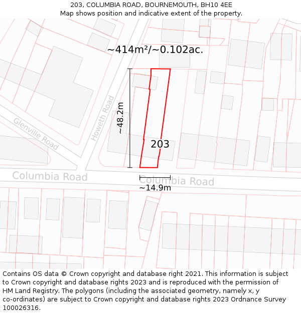 203, COLUMBIA ROAD, BOURNEMOUTH, BH10 4EE: Plot and title map