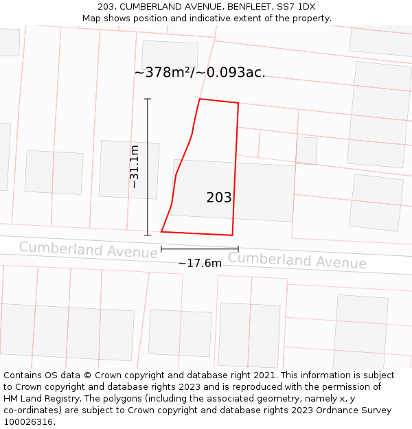 203, CUMBERLAND AVENUE, BENFLEET, SS7 1DX: Plot and title map