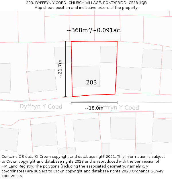 203, DYFFRYN Y COED, CHURCH VILLAGE, PONTYPRIDD, CF38 1QB: Plot and title map