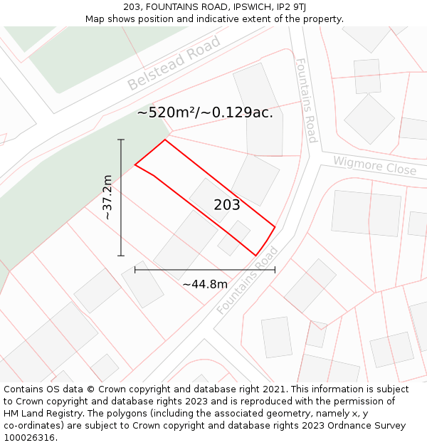 203, FOUNTAINS ROAD, IPSWICH, IP2 9TJ: Plot and title map