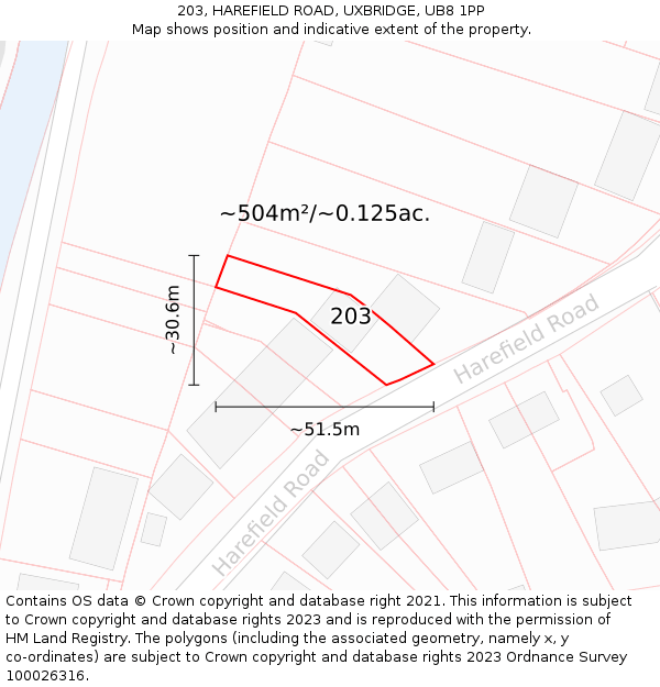 203, HAREFIELD ROAD, UXBRIDGE, UB8 1PP: Plot and title map