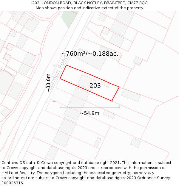 203, LONDON ROAD, BLACK NOTLEY, BRAINTREE, CM77 8QG: Plot and title map