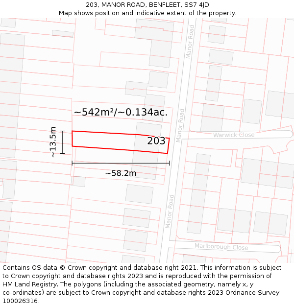 203, MANOR ROAD, BENFLEET, SS7 4JD: Plot and title map