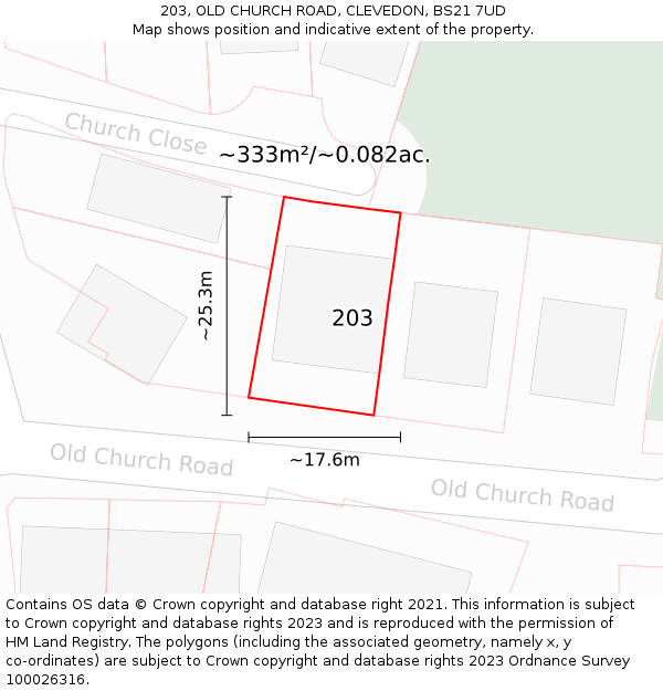 203, OLD CHURCH ROAD, CLEVEDON, BS21 7UD: Plot and title map