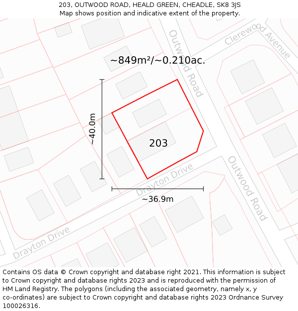 203, OUTWOOD ROAD, HEALD GREEN, CHEADLE, SK8 3JS: Plot and title map