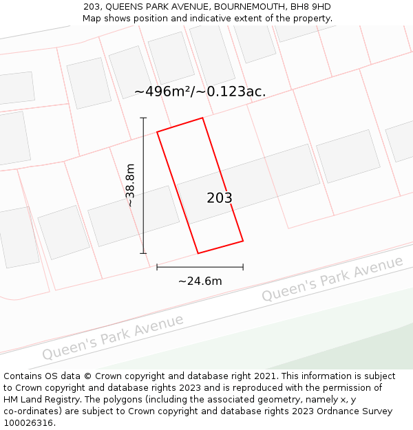 203, QUEENS PARK AVENUE, BOURNEMOUTH, BH8 9HD: Plot and title map
