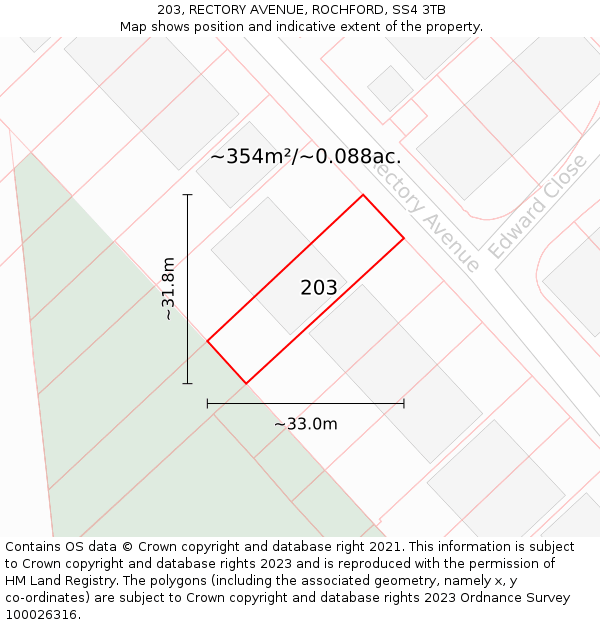 203, RECTORY AVENUE, ROCHFORD, SS4 3TB: Plot and title map