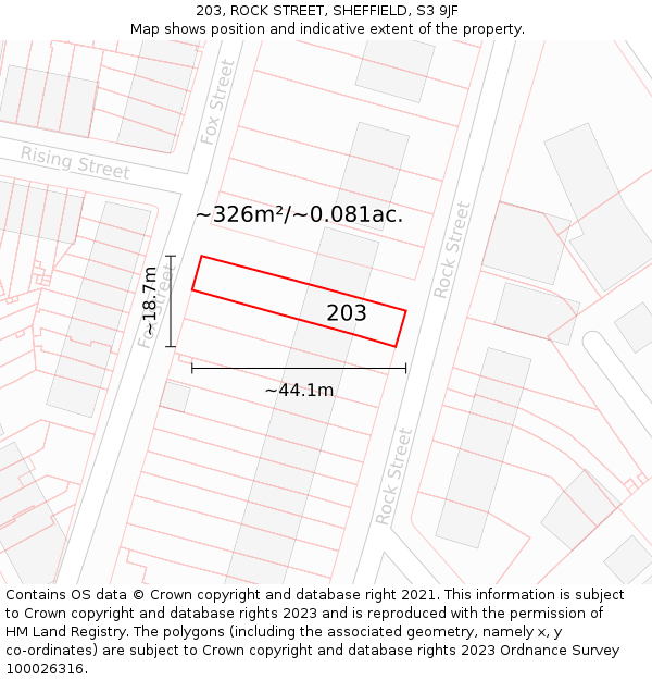 203, ROCK STREET, SHEFFIELD, S3 9JF: Plot and title map