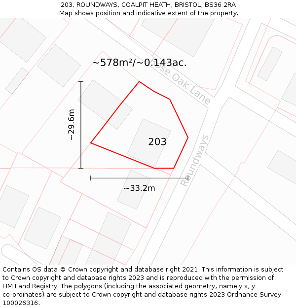 203, ROUNDWAYS, COALPIT HEATH, BRISTOL, BS36 2RA: Plot and title map