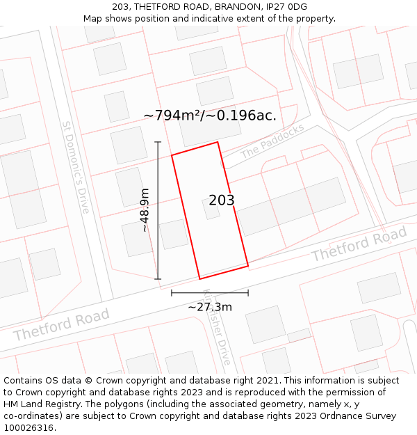 203, THETFORD ROAD, BRANDON, IP27 0DG: Plot and title map