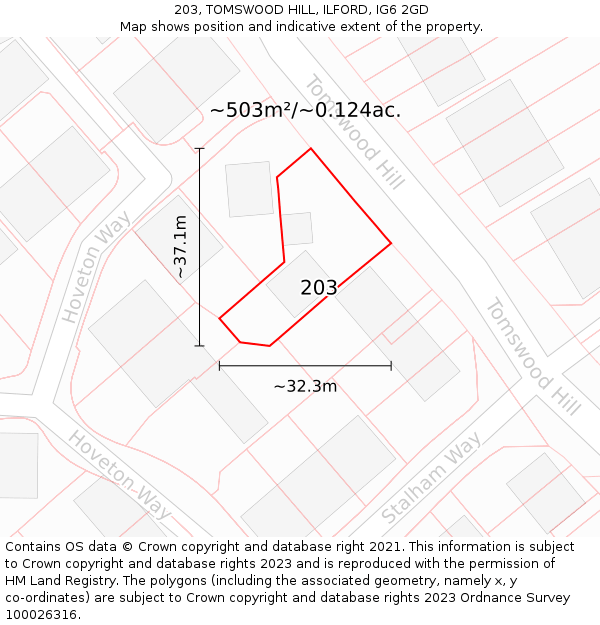 203, TOMSWOOD HILL, ILFORD, IG6 2GD: Plot and title map