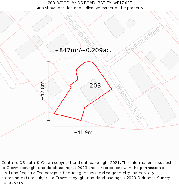 203, WOODLANDS ROAD, BATLEY, WF17 0RE: Plot and title map