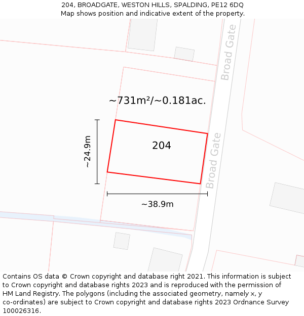 204, BROADGATE, WESTON HILLS, SPALDING, PE12 6DQ: Plot and title map
