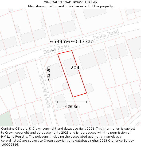 204, DALES ROAD, IPSWICH, IP1 4JY: Plot and title map