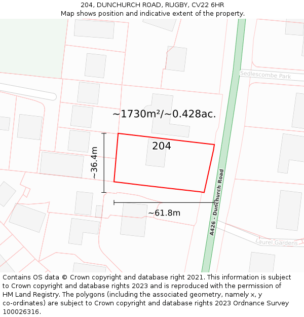 204, DUNCHURCH ROAD, RUGBY, CV22 6HR: Plot and title map