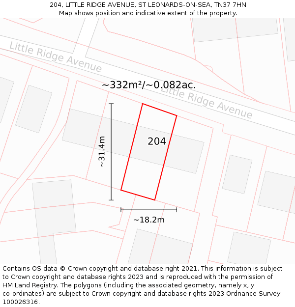 204, LITTLE RIDGE AVENUE, ST LEONARDS-ON-SEA, TN37 7HN: Plot and title map