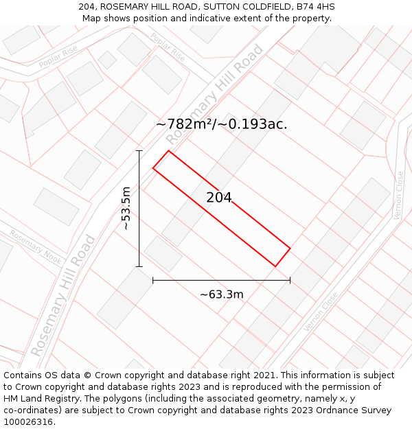 204, ROSEMARY HILL ROAD, SUTTON COLDFIELD, B74 4HS: Plot and title map