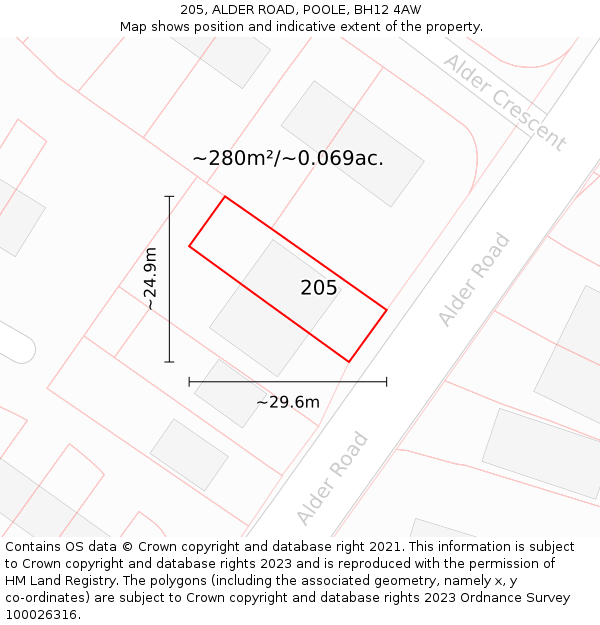 205, ALDER ROAD, POOLE, BH12 4AW: Plot and title map
