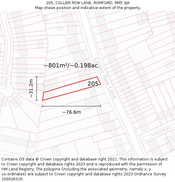205, COLLIER ROW LANE, ROMFORD, RM5 3JA: Plot and title map