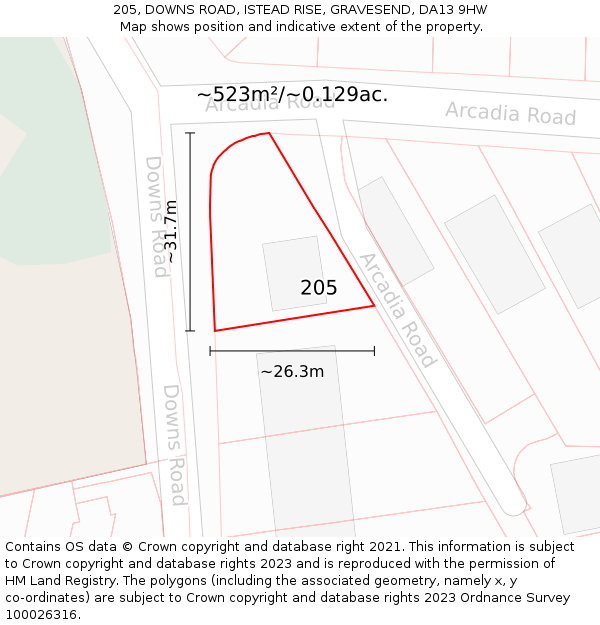 205, DOWNS ROAD, ISTEAD RISE, GRAVESEND, DA13 9HW: Plot and title map