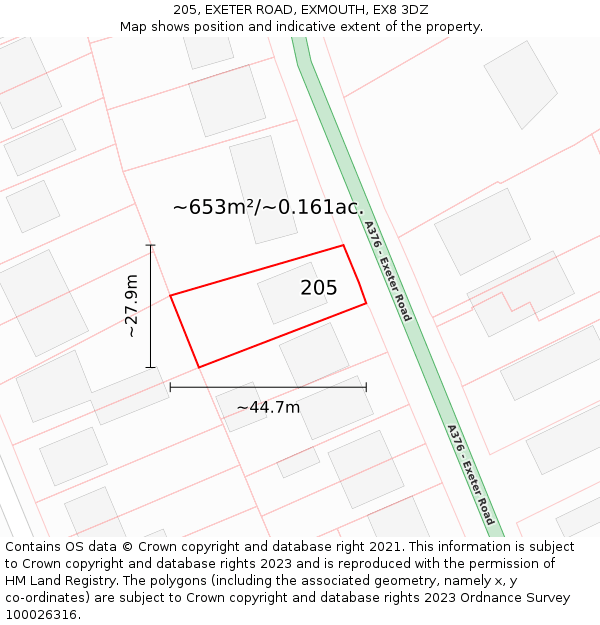 205, EXETER ROAD, EXMOUTH, EX8 3DZ: Plot and title map