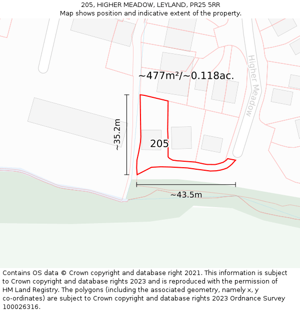 205, HIGHER MEADOW, LEYLAND, PR25 5RR: Plot and title map