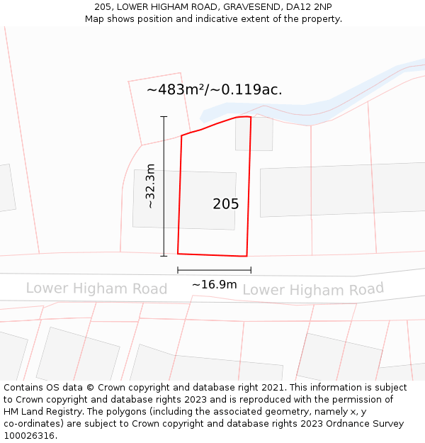 205, LOWER HIGHAM ROAD, GRAVESEND, DA12 2NP: Plot and title map