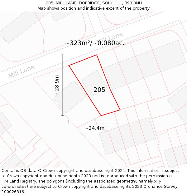 205, MILL LANE, DORRIDGE, SOLIHULL, B93 8NU: Plot and title map