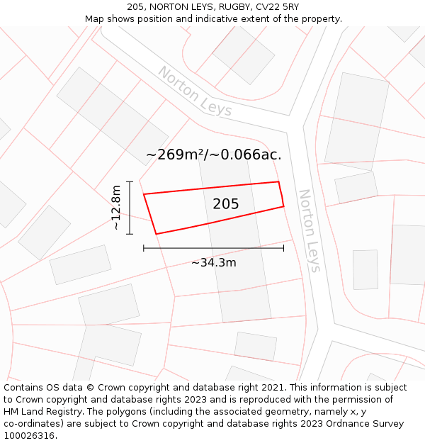 205, NORTON LEYS, RUGBY, CV22 5RY: Plot and title map