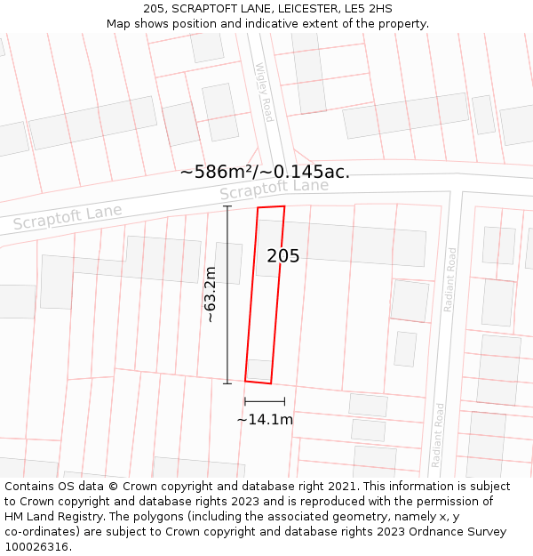 205, SCRAPTOFT LANE, LEICESTER, LE5 2HS: Plot and title map