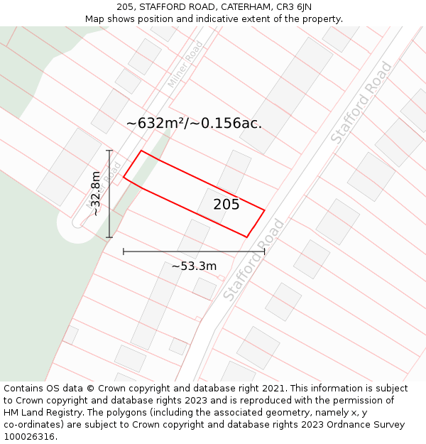 205, STAFFORD ROAD, CATERHAM, CR3 6JN: Plot and title map