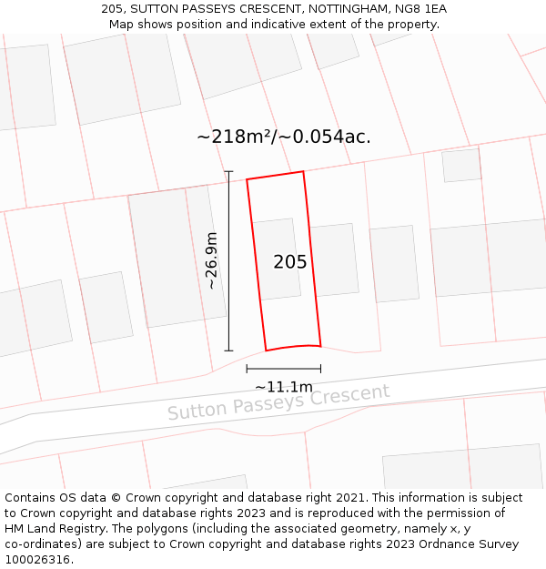 205, SUTTON PASSEYS CRESCENT, NOTTINGHAM, NG8 1EA: Plot and title map