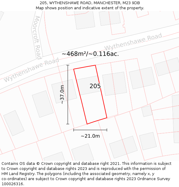 205, WYTHENSHAWE ROAD, MANCHESTER, M23 9DB: Plot and title map