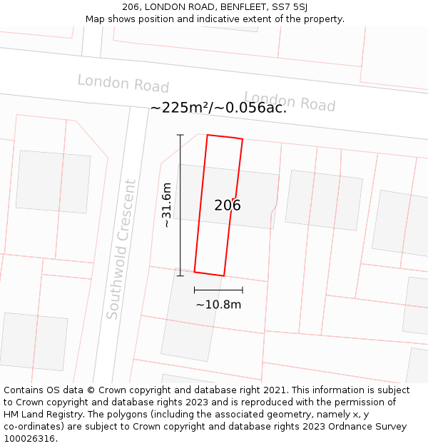 206, LONDON ROAD, BENFLEET, SS7 5SJ: Plot and title map