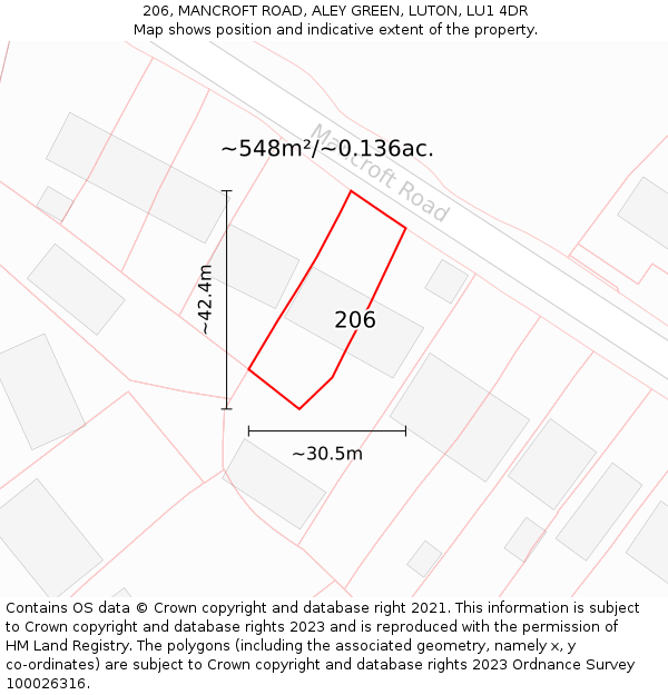 206, MANCROFT ROAD, ALEY GREEN, LUTON, LU1 4DR: Plot and title map