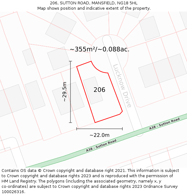 206, SUTTON ROAD, MANSFIELD, NG18 5HL: Plot and title map